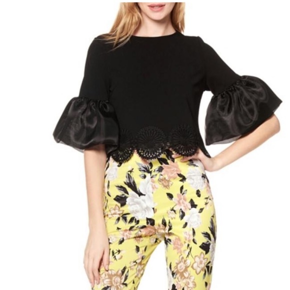 Garcia puff sleeve lace accent crop black top - Picture 1 of 8